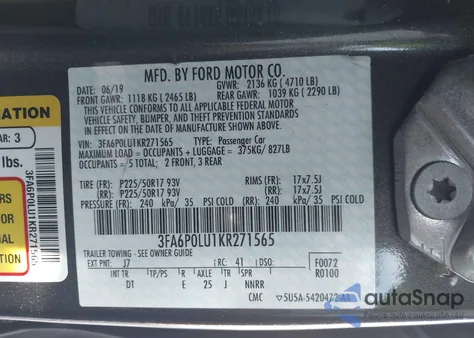 2019 Ford Fusion Hybrid Se из США, поврежденный, VIN 3FA6P0LU1KR271565